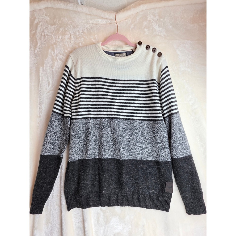 Brave Soul Striped Colorblock Sweater Button Shoulder Detail Cream‎ Black Grey